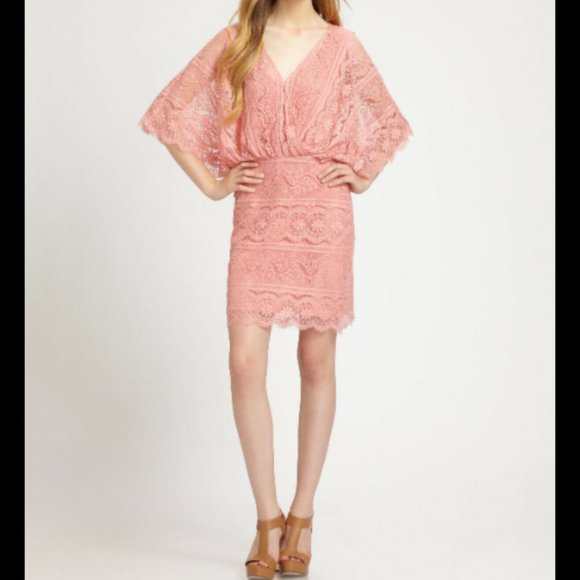 Beyond Vintage Pink Lace Draped V Neck Mini Dress - Picture 11 of 12